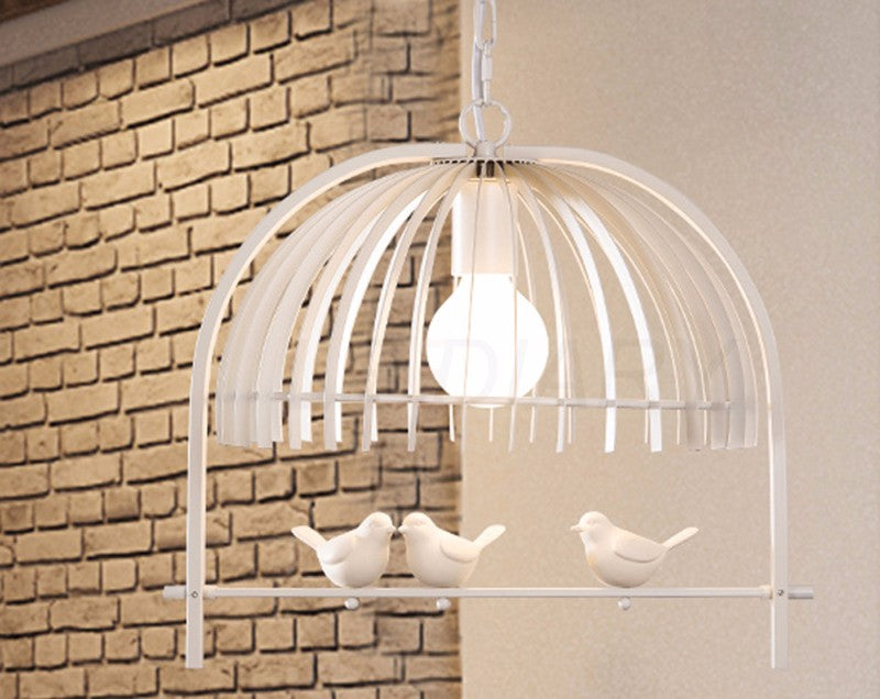 White Iron birdcage and birds pendant LED light