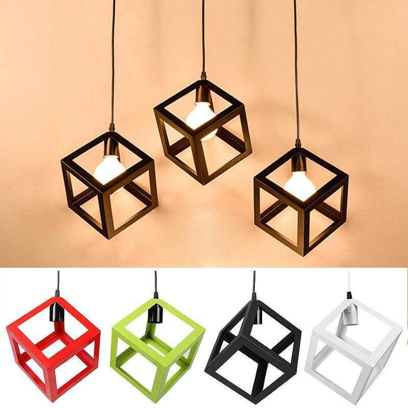 E27 Bulb Cage Abajur Guard Ceiling Pendant Square Shade Light Cafe Lampshade W/Cable Lampshade