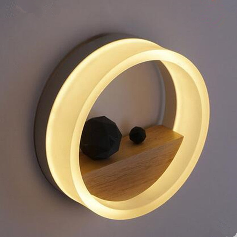 Modern Wall lamp with circular light and wooden shelf