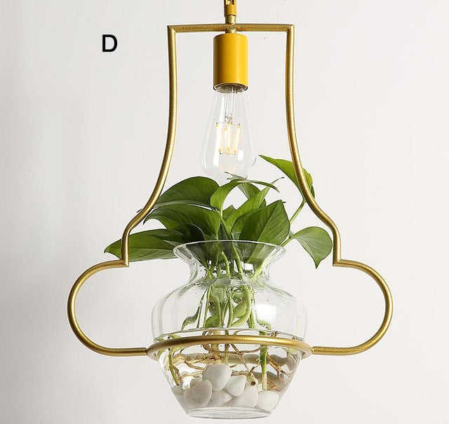 Metal and glass hanging light for living plants