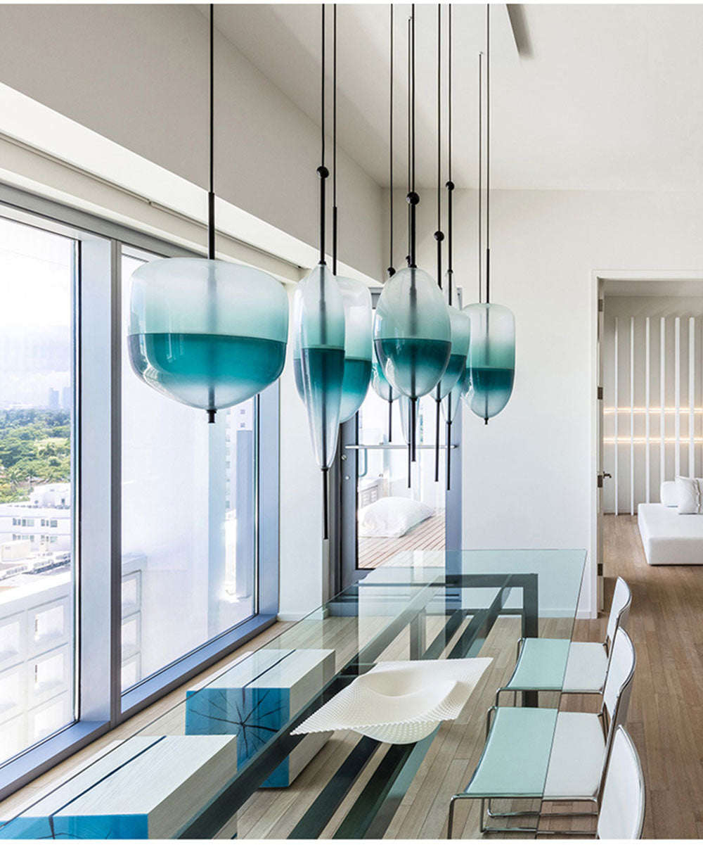 Turquoise hand blown glass pendant lights